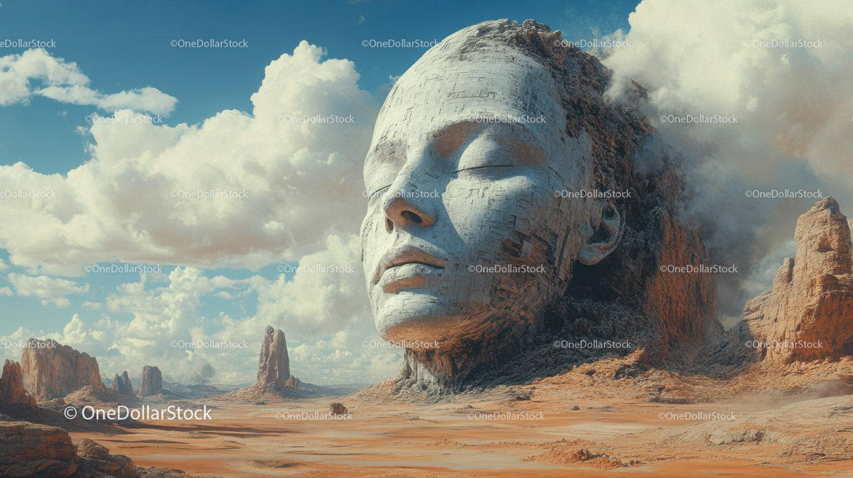 Large weathered stone face sculpture resting in desert near rocky formations under blue cloudy sky