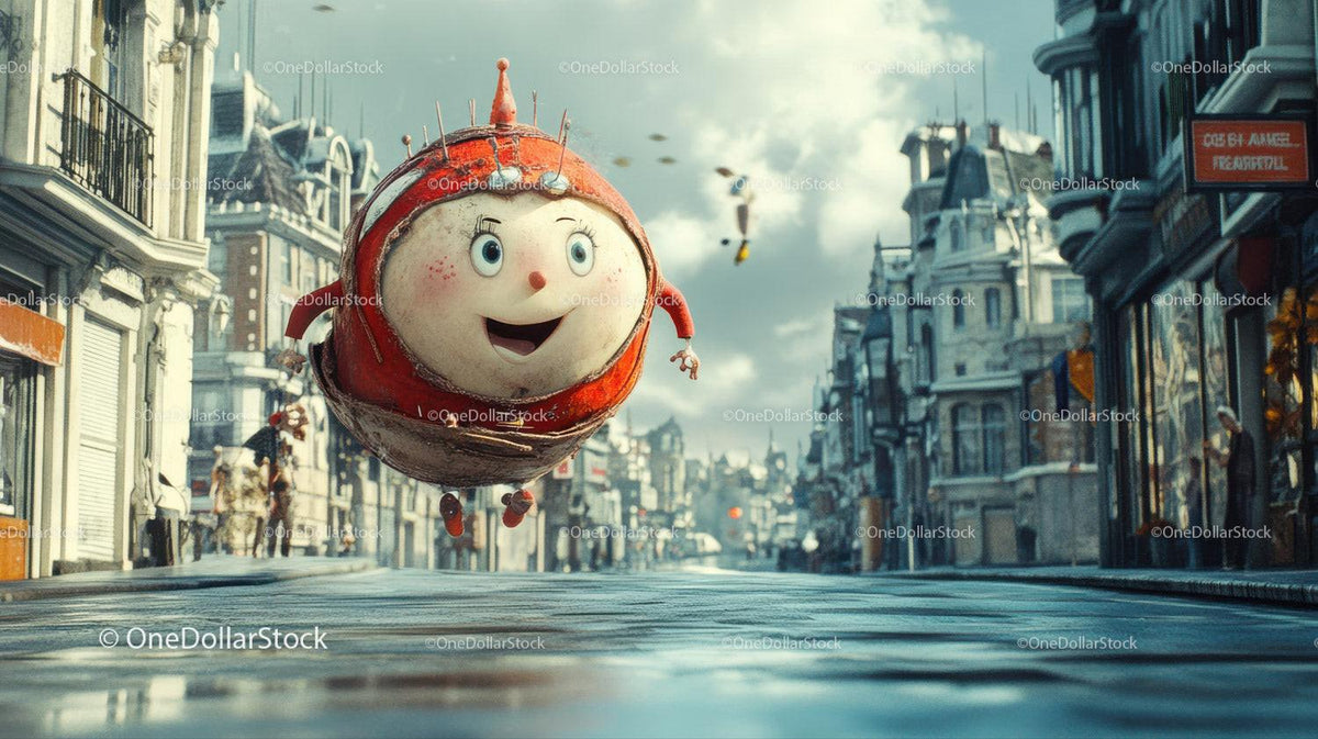 Red spherical flying robot with expressive face above an urban street
