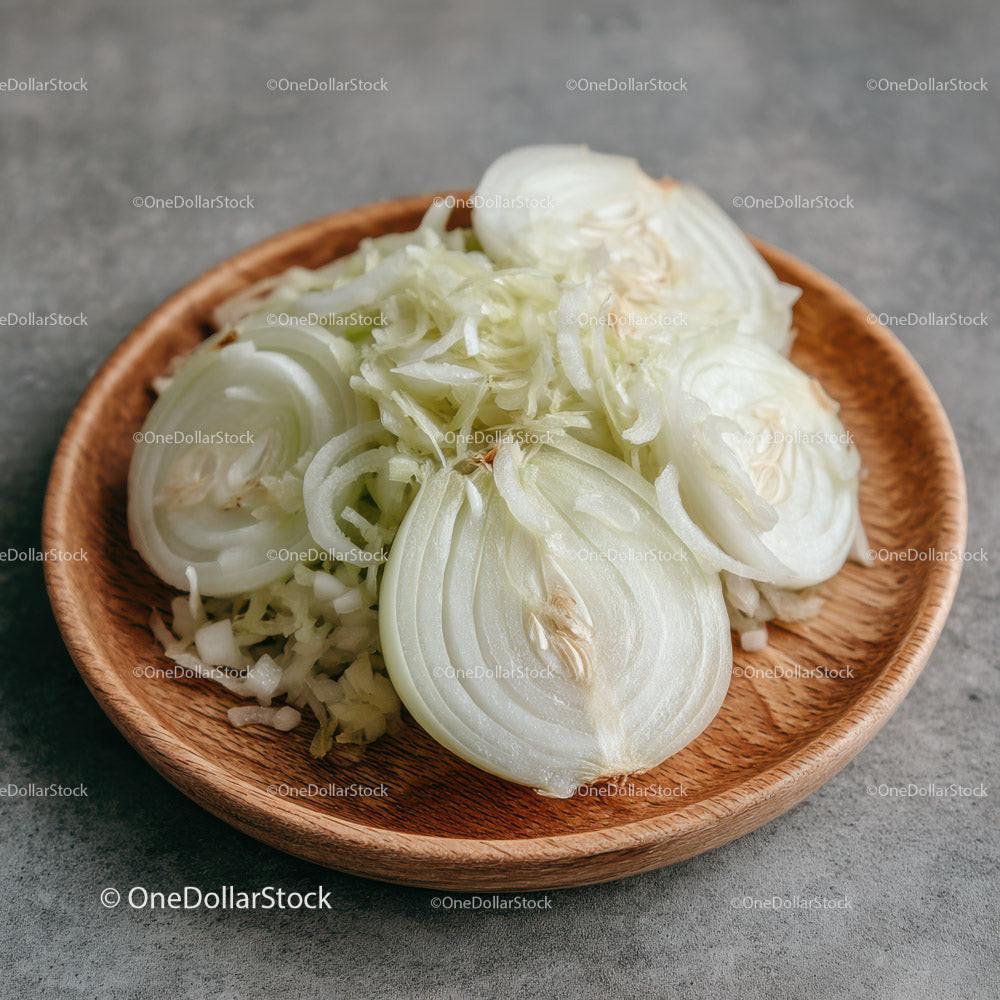 Fresh White Onion Slices in Wooden Bowl for Cooking and Food Preparation