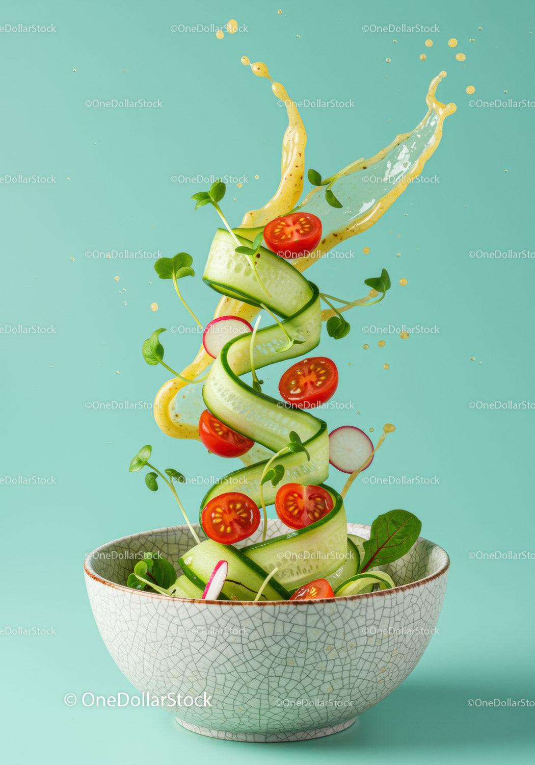 Fresh vegetable salad with dressing splash in ceramic bowl