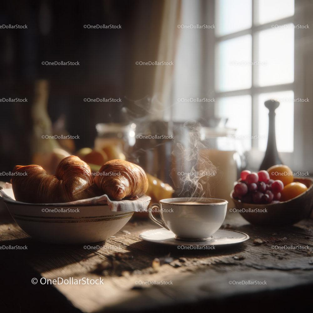Rustic Kitchen Morning Scene with Croissants Coffee and Fresh Fruit Stock Photo Bundle preview 14