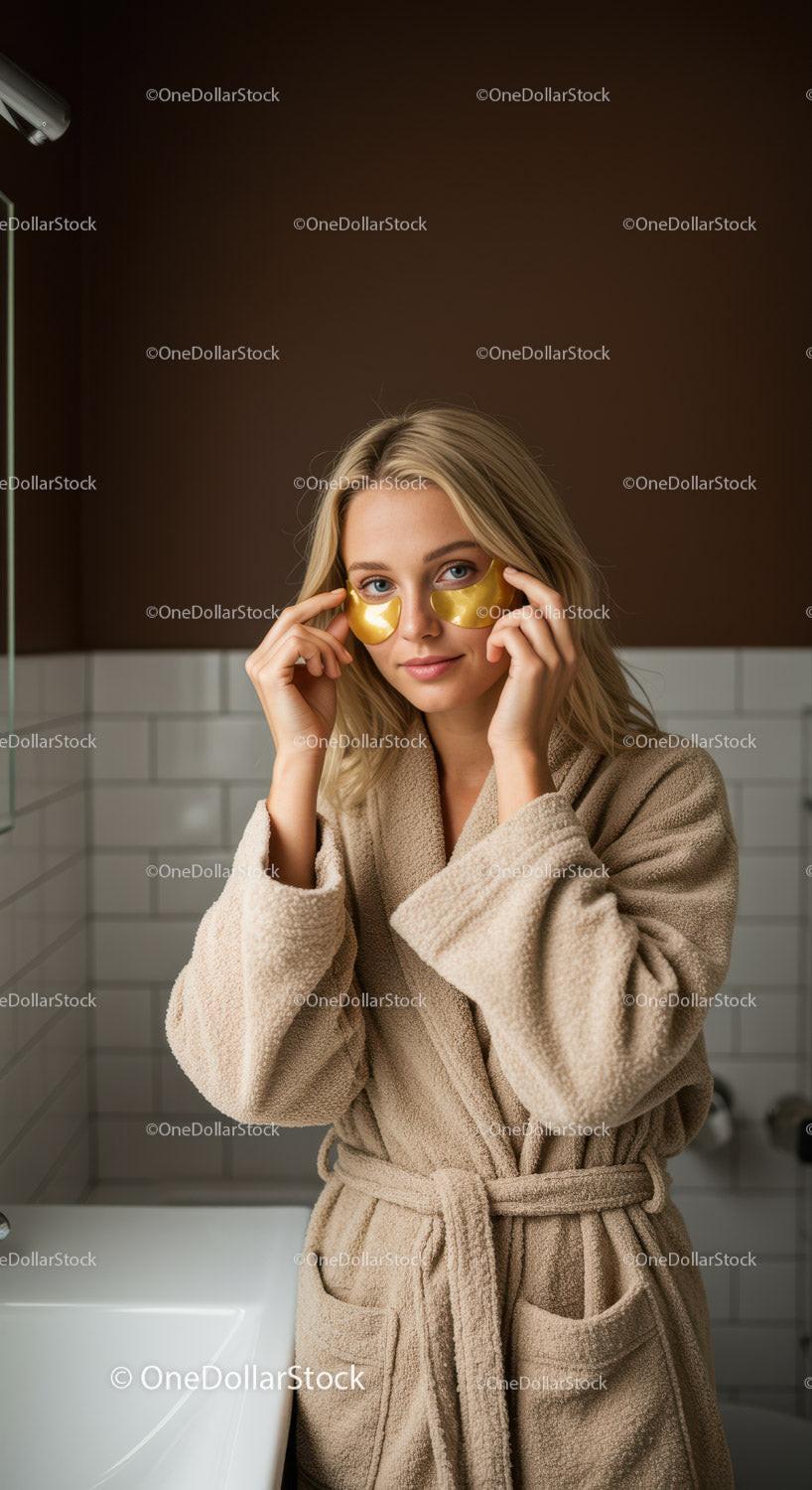 Relaxing Woman Applying Gold Facial Mask in Bathroom