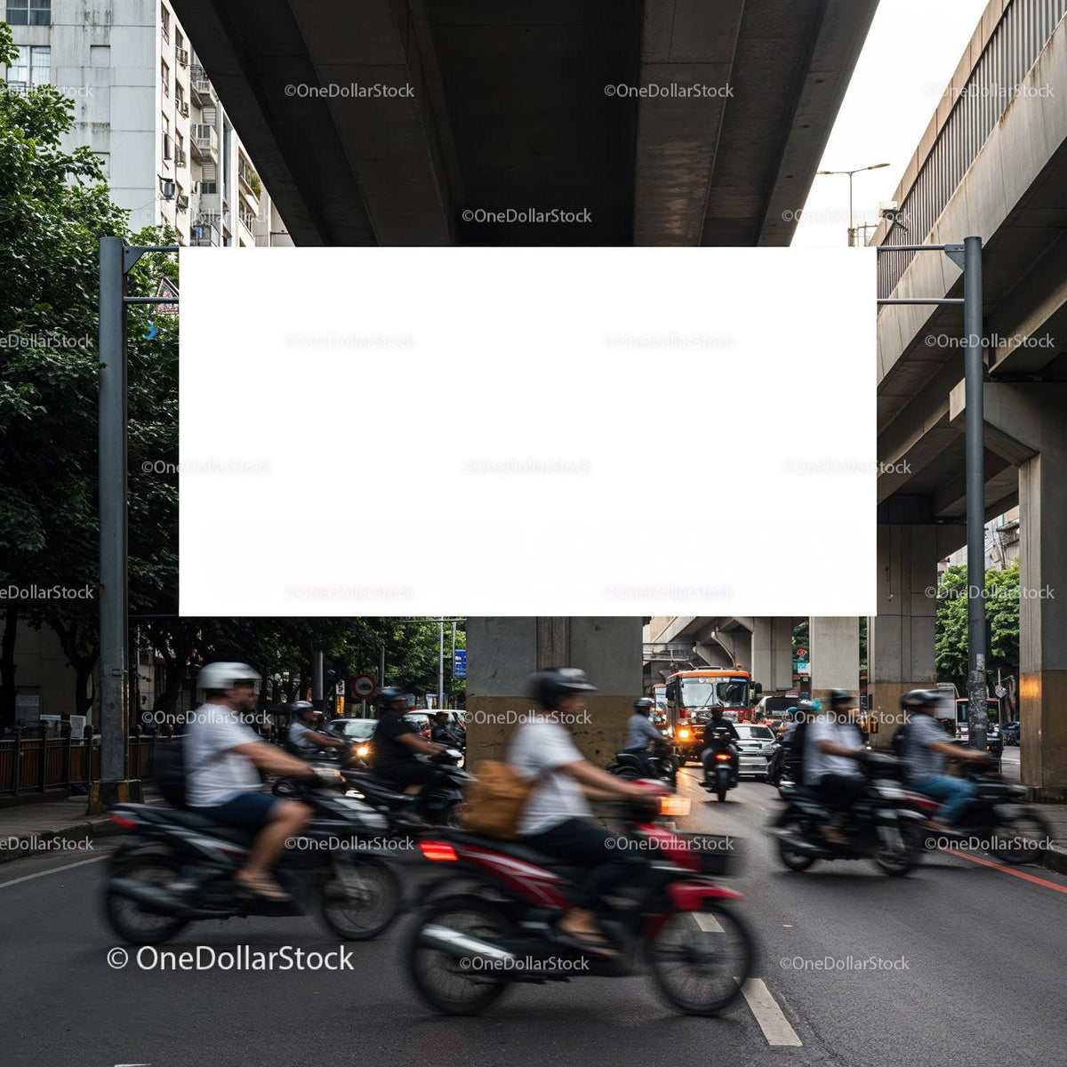 Busy urban street with motorcycles under elevated highway Editable PSD Mockup preview