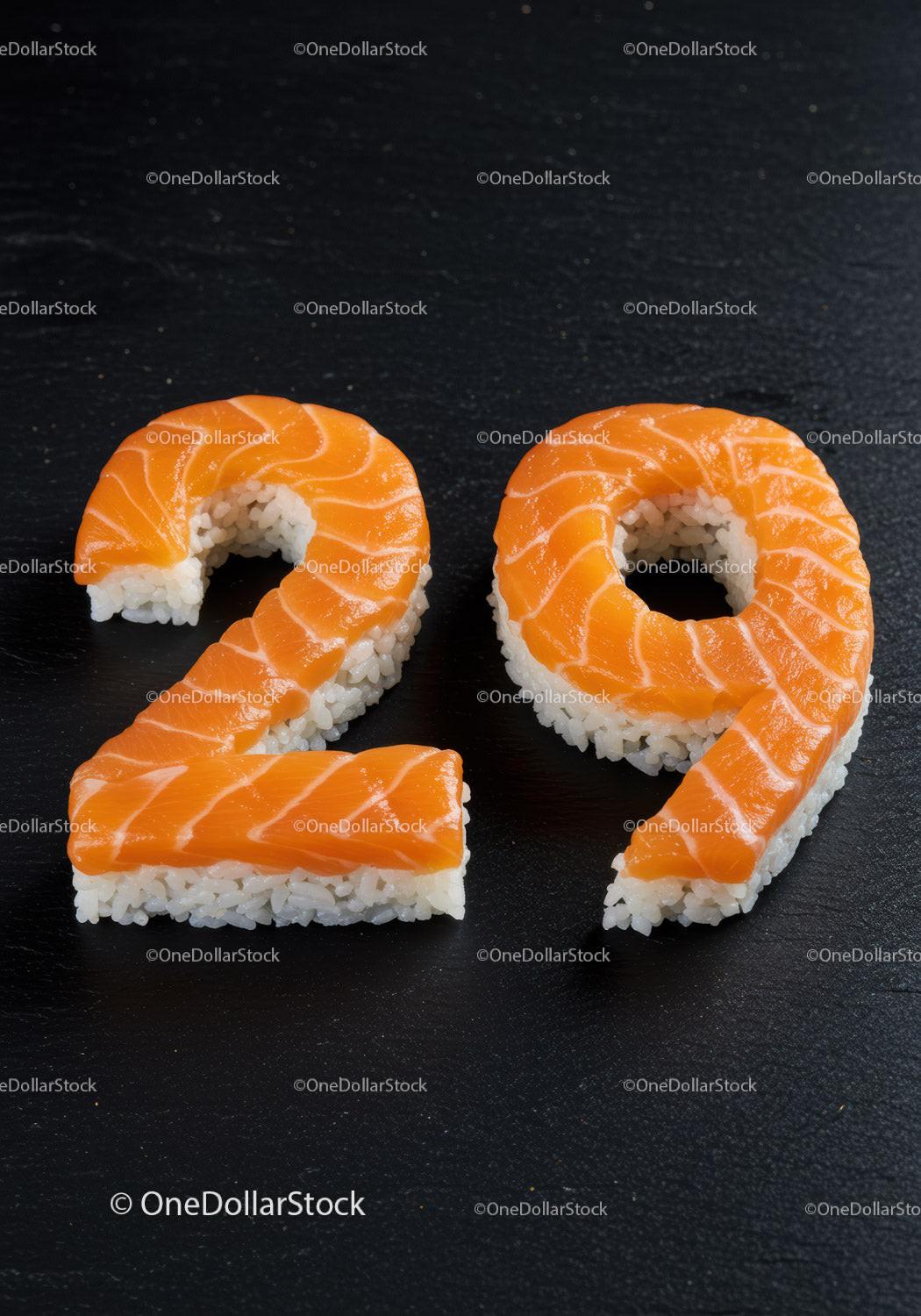 Salmon sushi shaped as numbers twenty nine