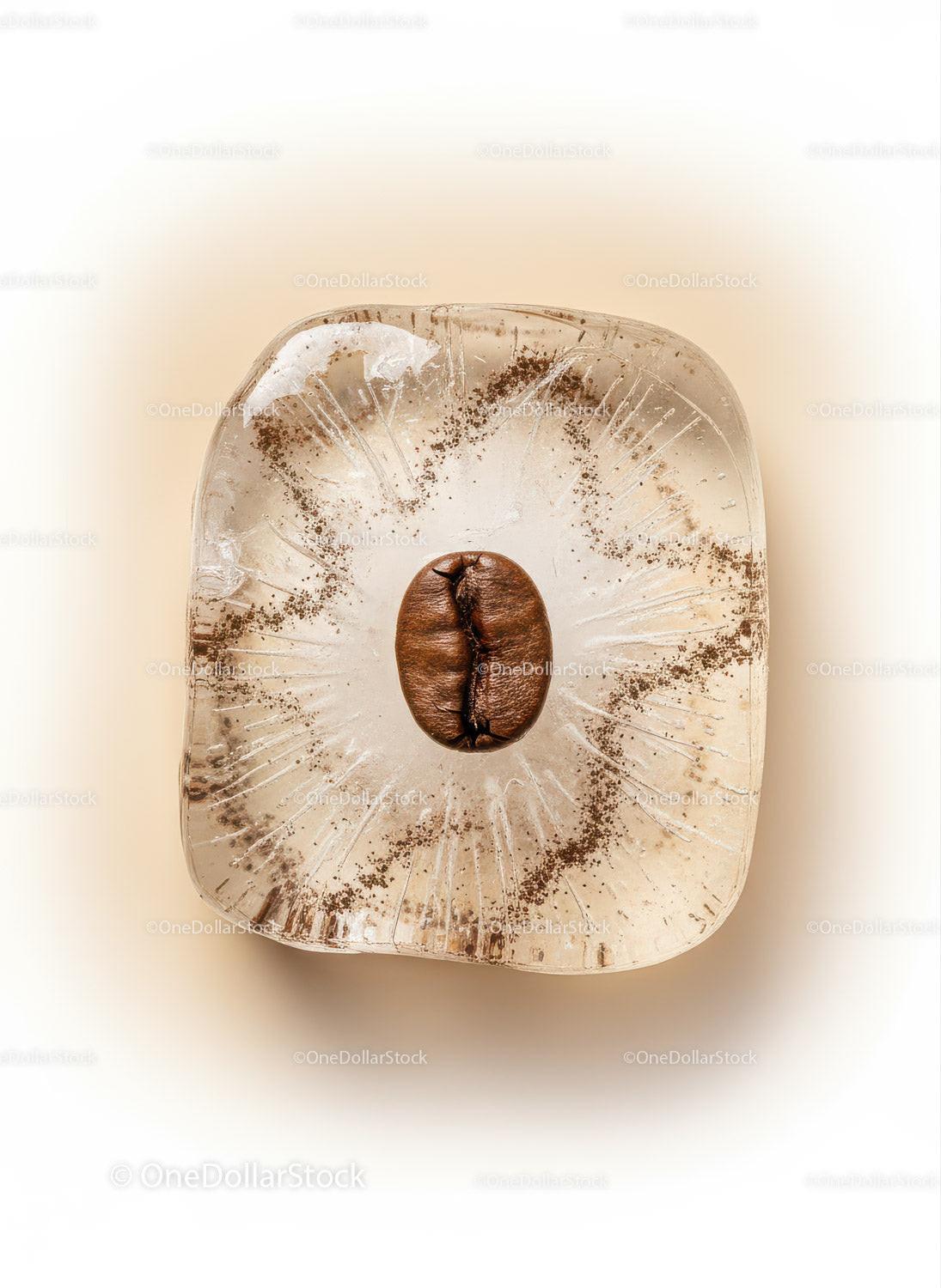 Single coffee bean frozen inside transparent ice cube