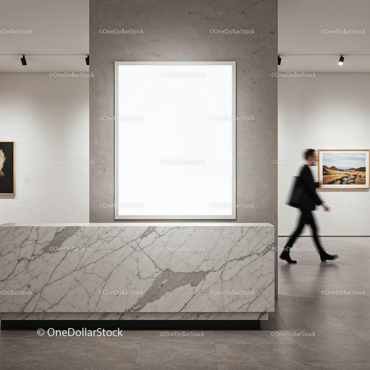 Modern marble reception desk in contemporary gallery space JPG Mockup Image preview