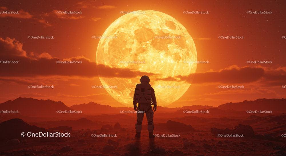 Astronaut Standing on Mars Surface with Bright Full Moon in Background