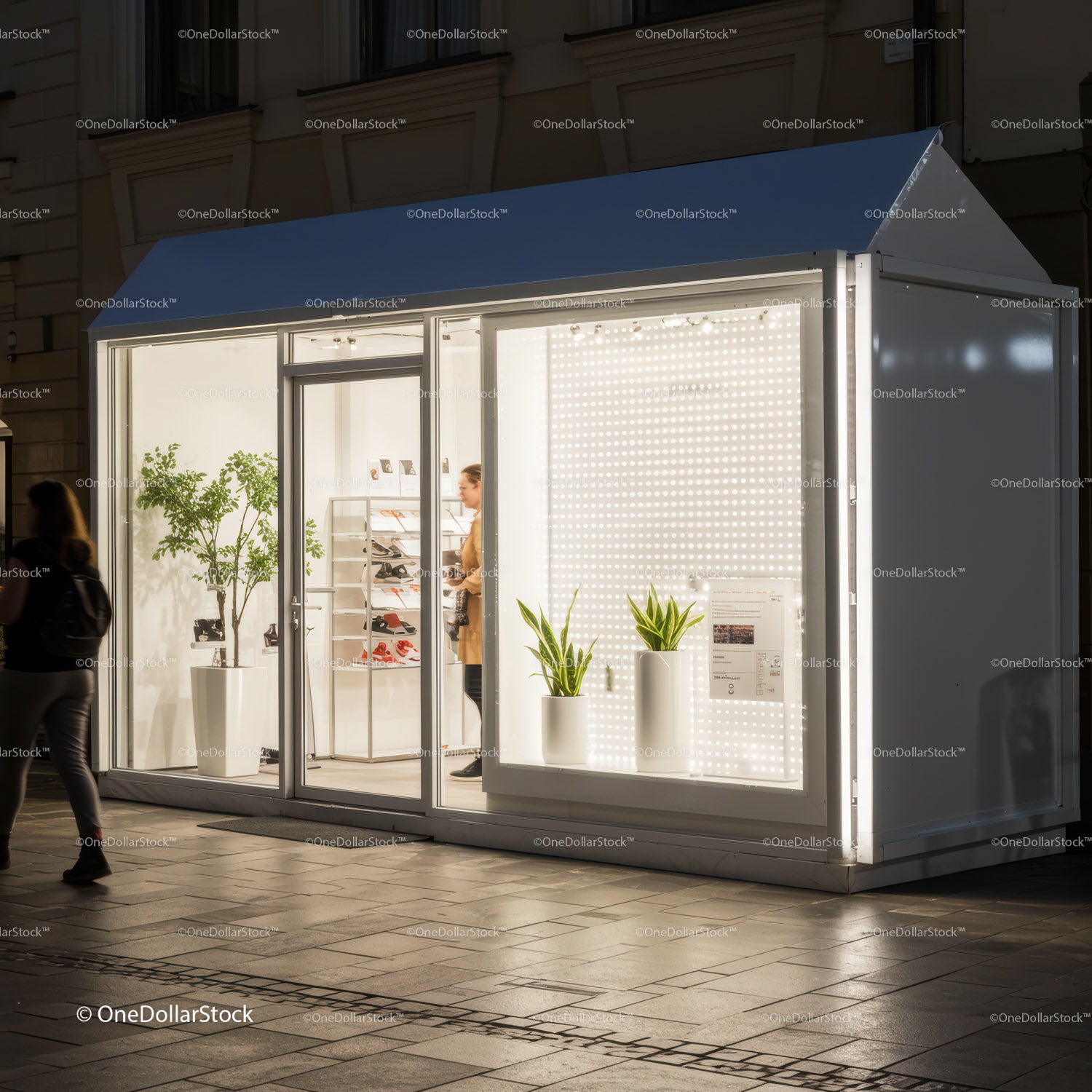 Modern illuminated pop-up store with plants at night