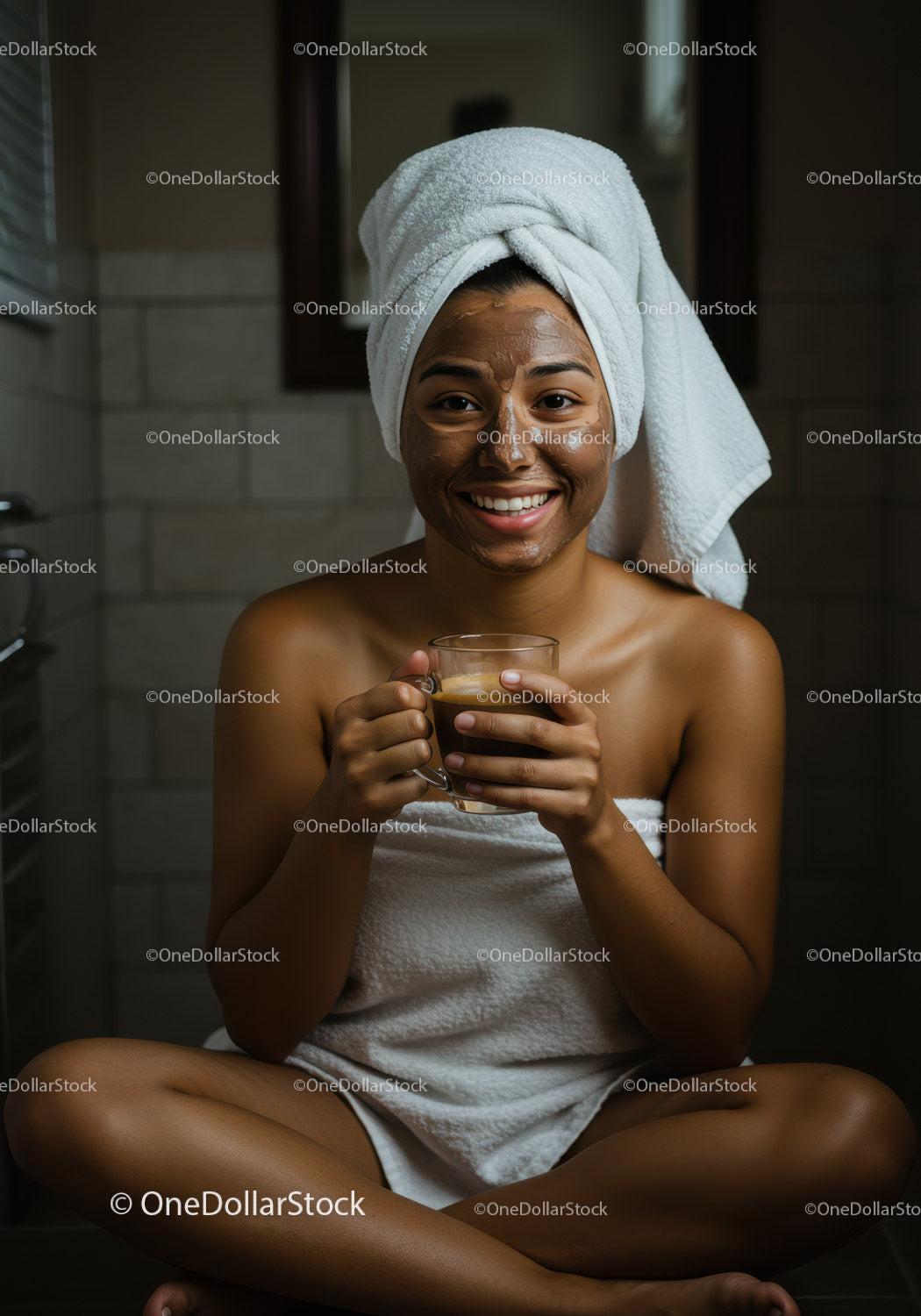 Young Woman Enjoying Facial Mask and Hot Drink in Cozy Spa Setting