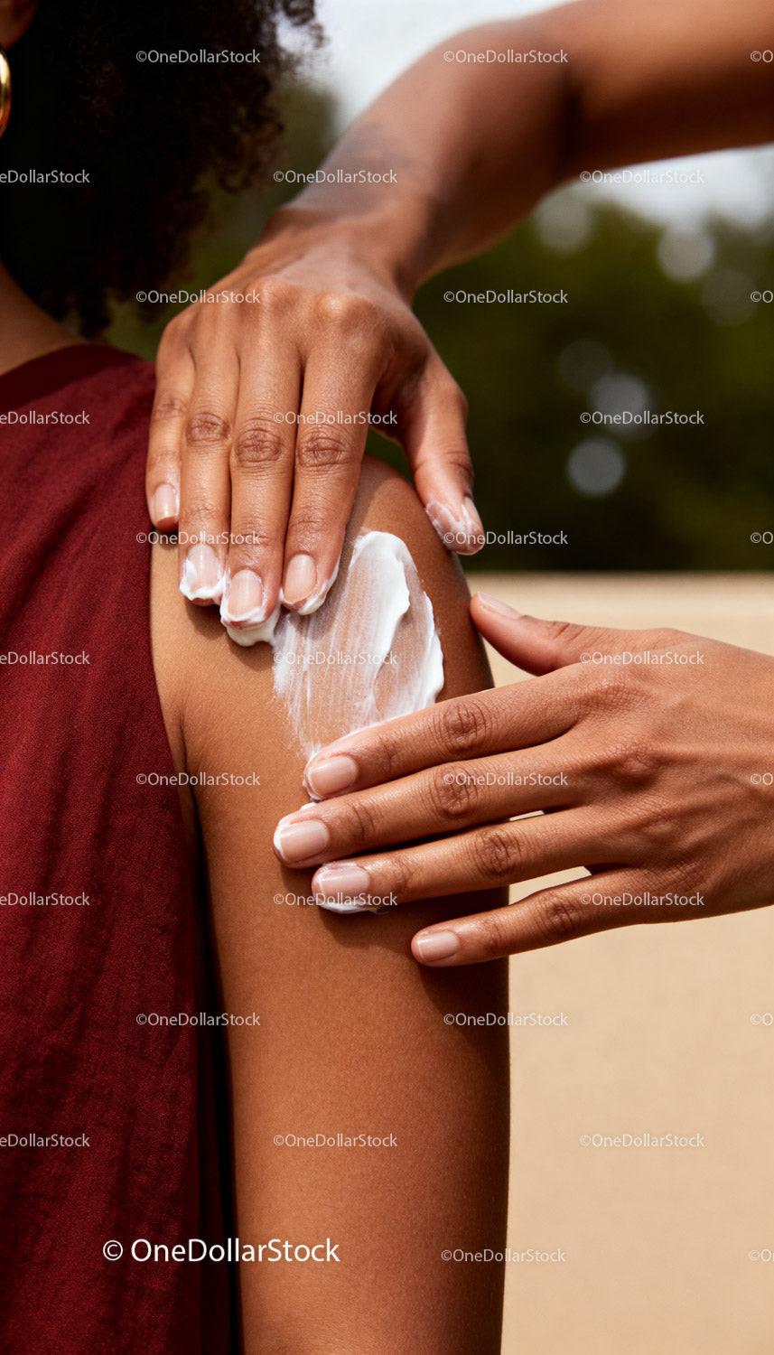 Applying moisturizing cream on arm outdoors