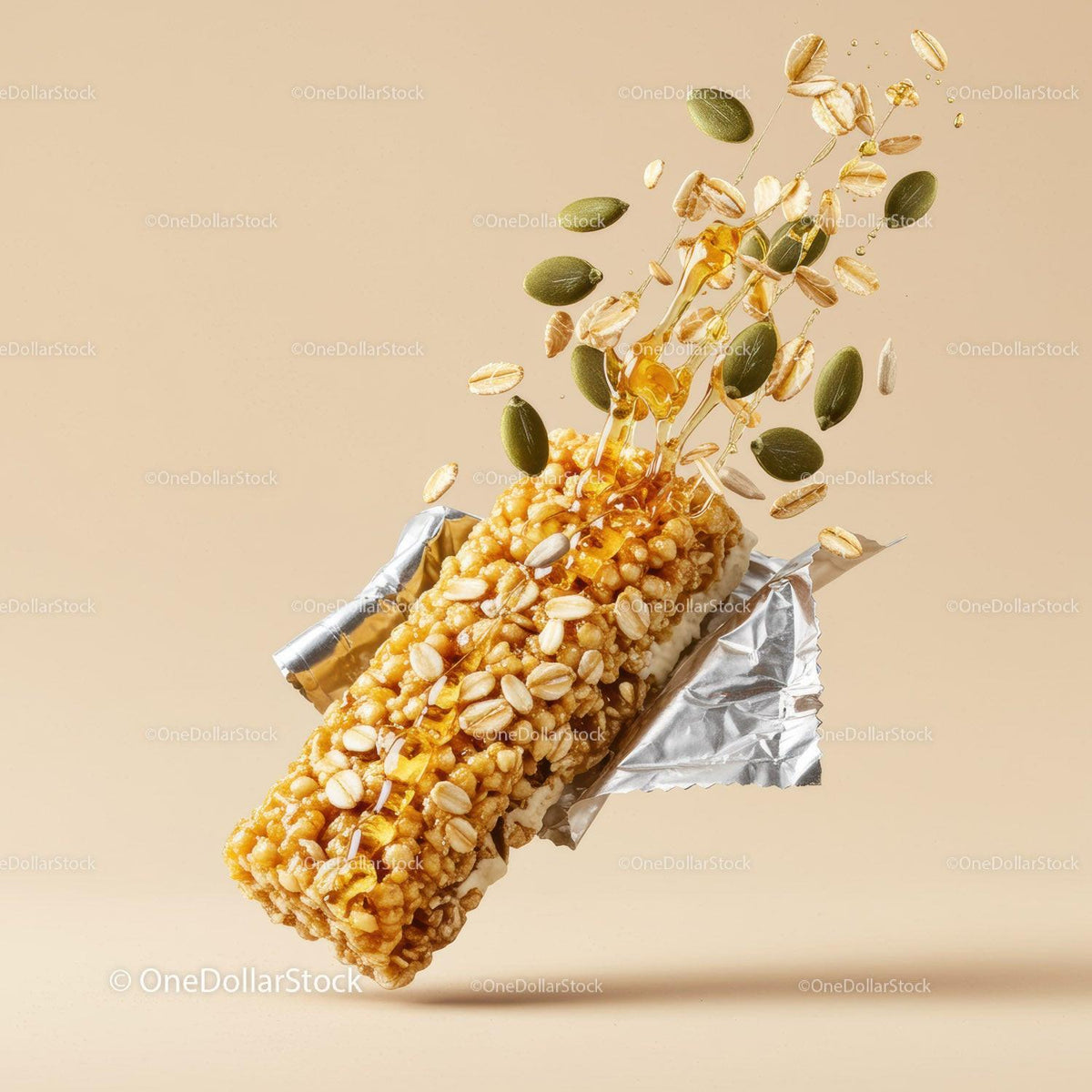 Crunchy granola bar with seeds and honey drizzle
