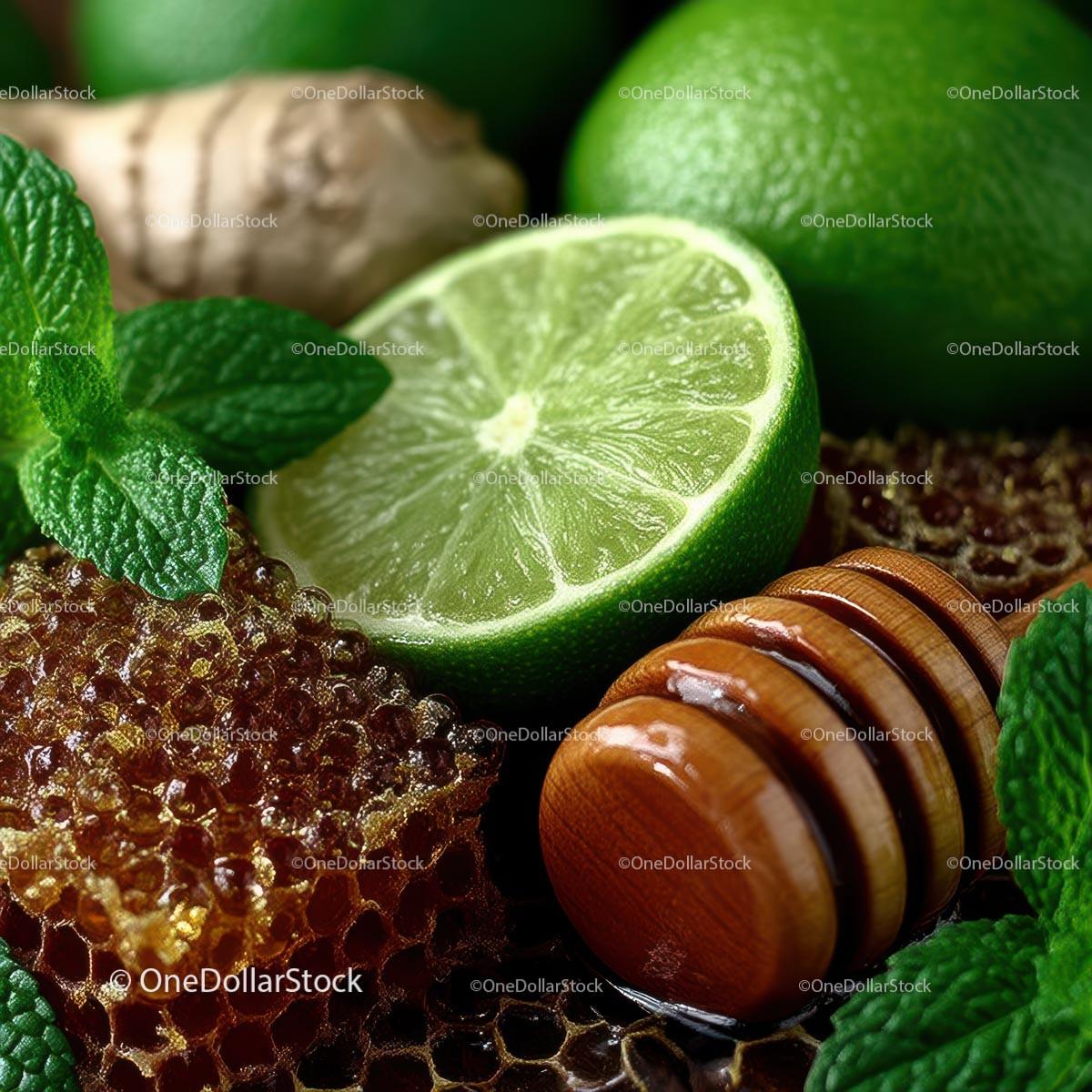 Fresh Limes, Mint Leaves and Honeycomb for Delicious Recipes Stock Photo Bundle preview 28