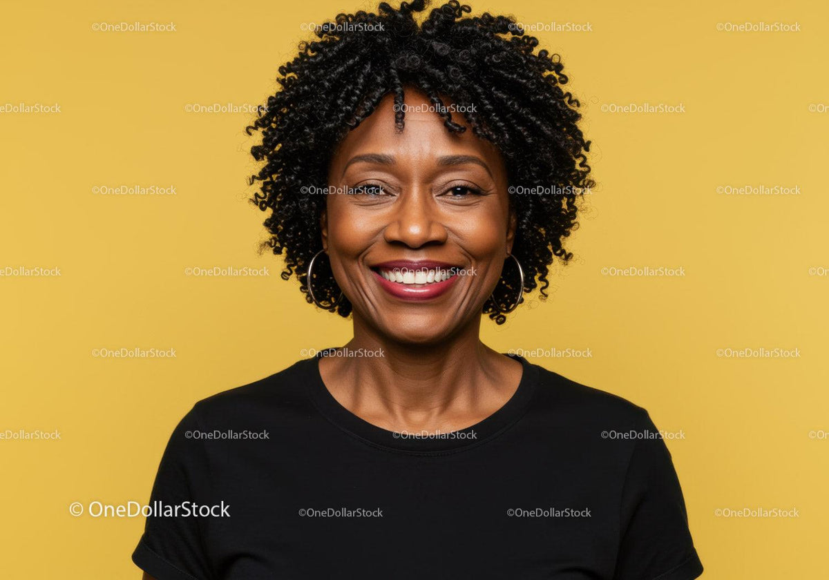 Vibrant Portrait of African American Woman with Curly Hair on Yellow Background