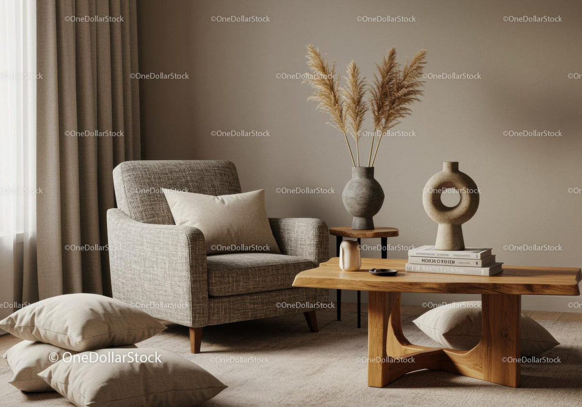 Cozy living room corner with modern armchair and wooden table