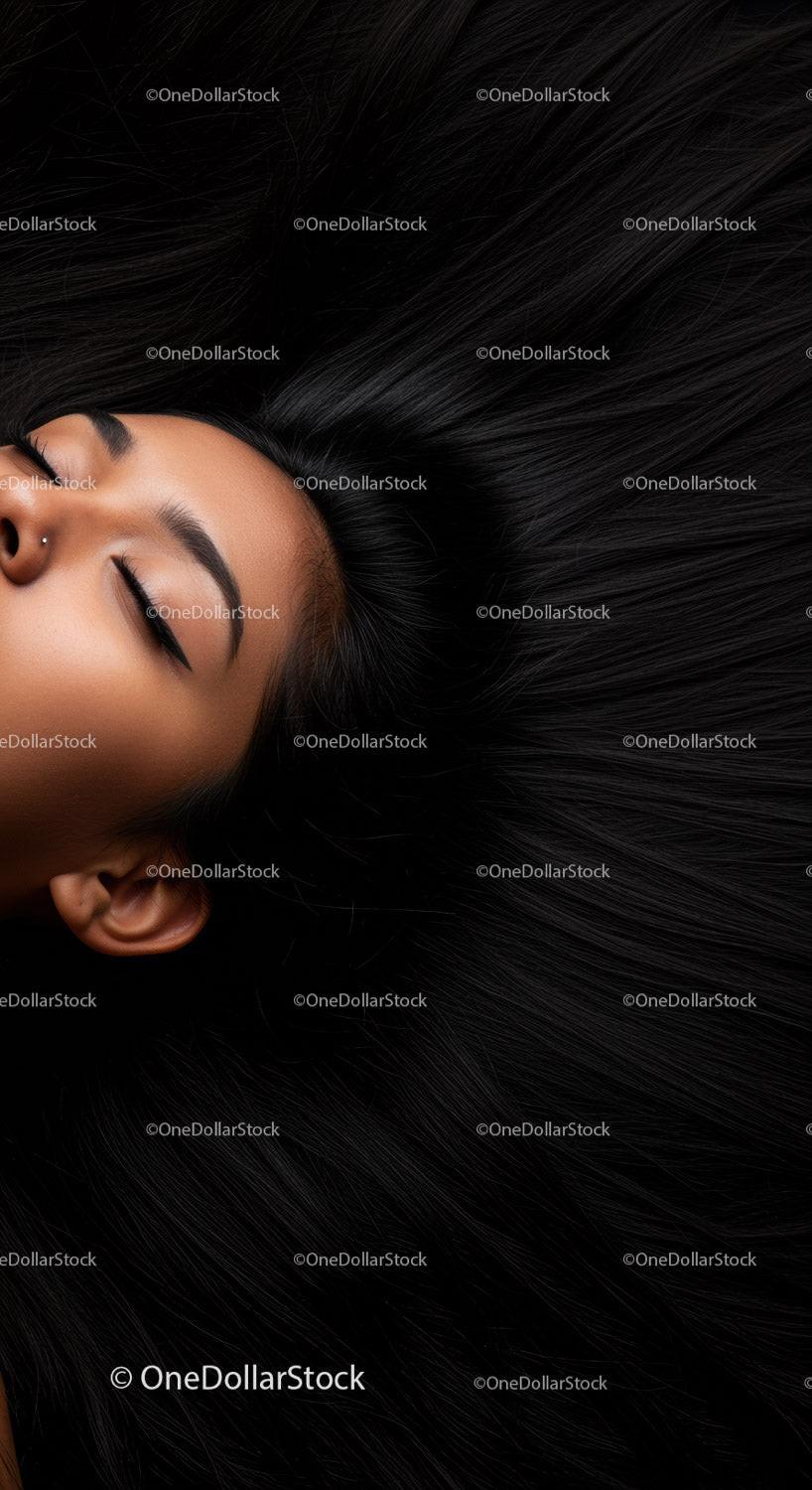Calm woman with long flowing dark hair lying down
