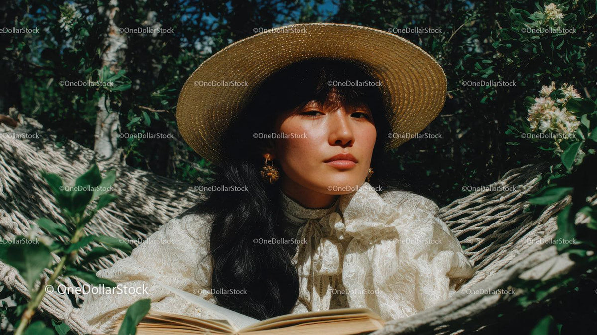 Elegant Woman in Straw Hat Relaxing on Hammock in Lush Garden