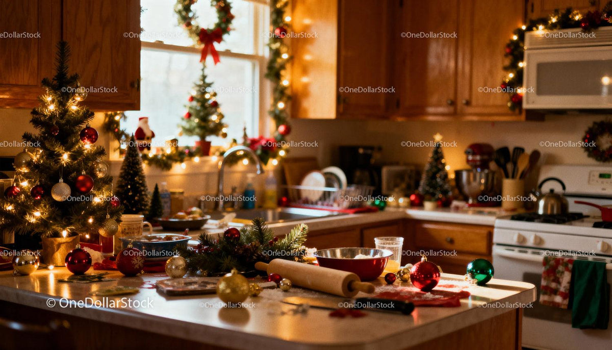 Cozy kitchen decorated for Christmas baking celebration