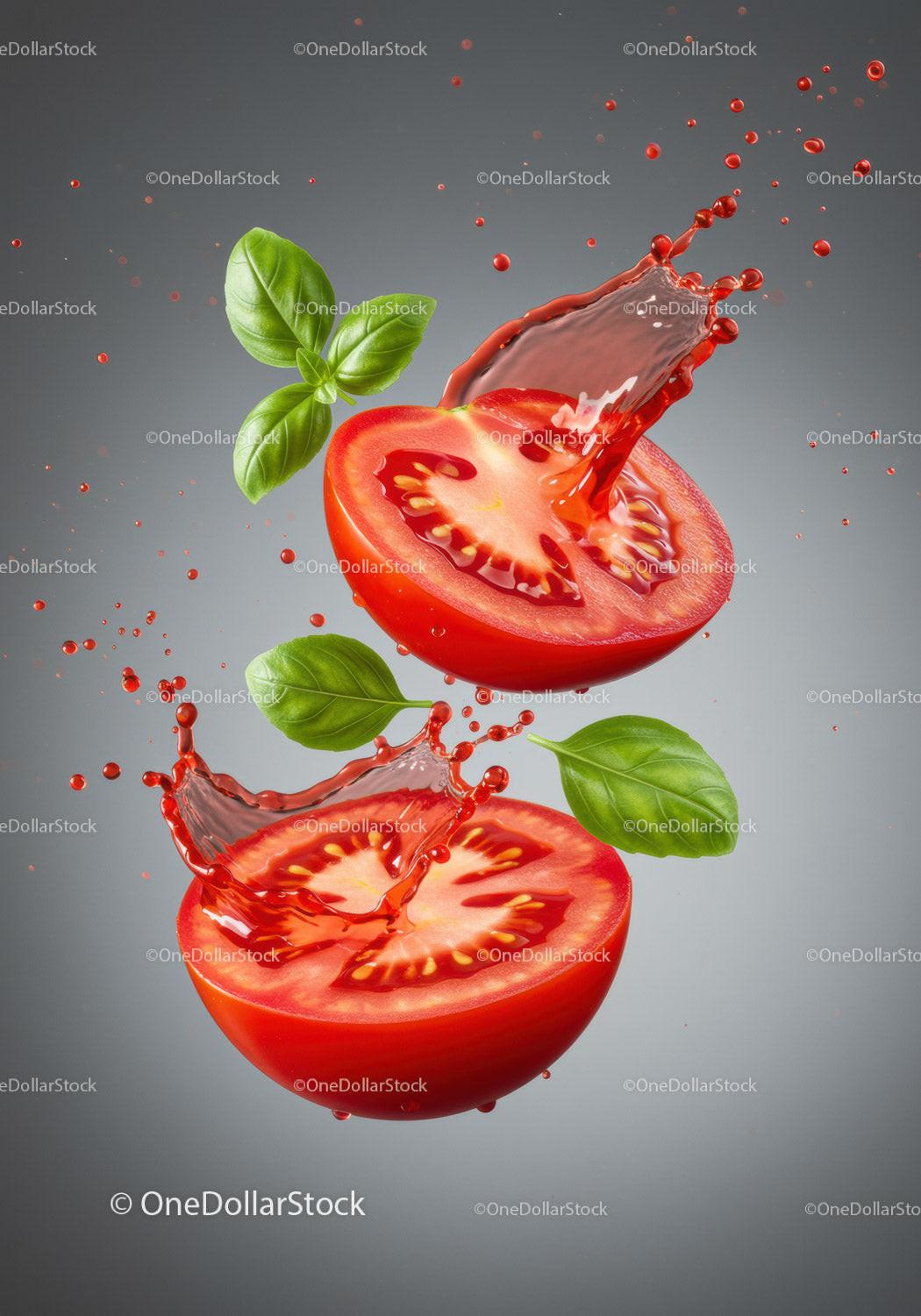 Fresh tomato halves splashing with basil leaves