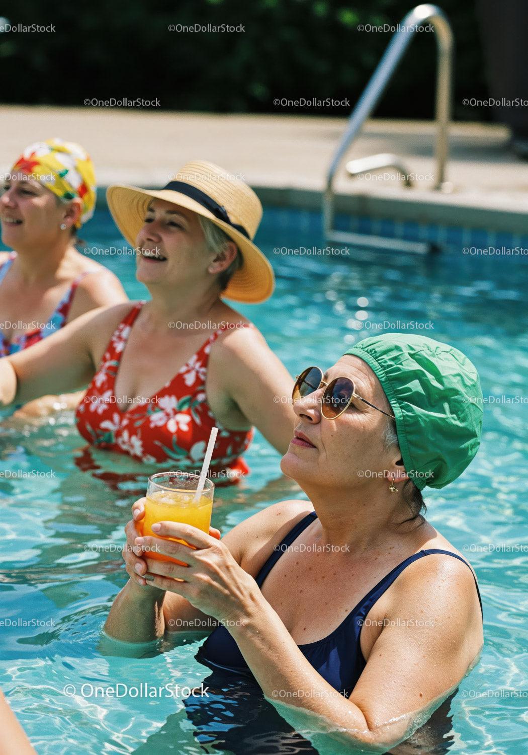 Elderly Women Relaxing and Drinking Refreshing Drinks in Pool Stock Photo Bundle preview 6