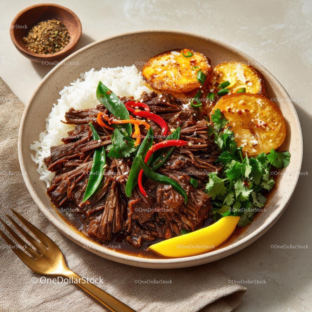 Savory Asian Dish with Rice, Vegetables, and Grilled Plantains Stock Photo Bundle preview 23