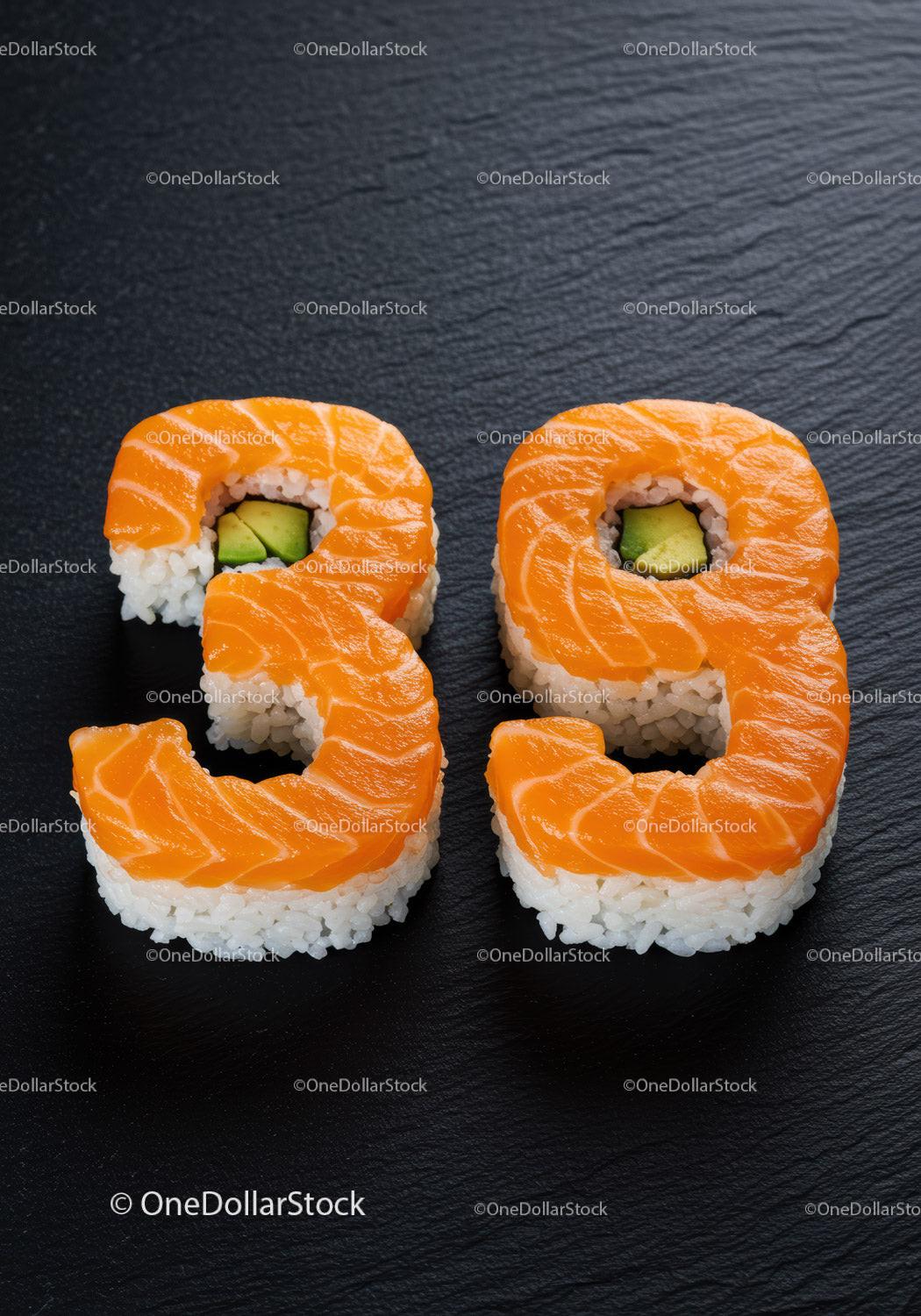 Sushi Rolls Shaped as Numbers Thirty Nine on Black Plate