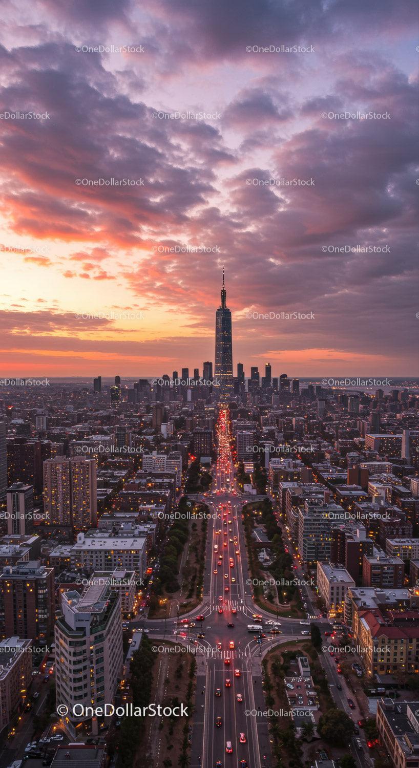 Tall Skyscraper Towering Over Vibrant City Skyline at Sunset