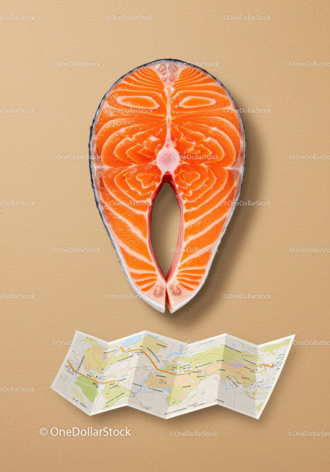 Fresh salmon steak above a folded travel map on beige