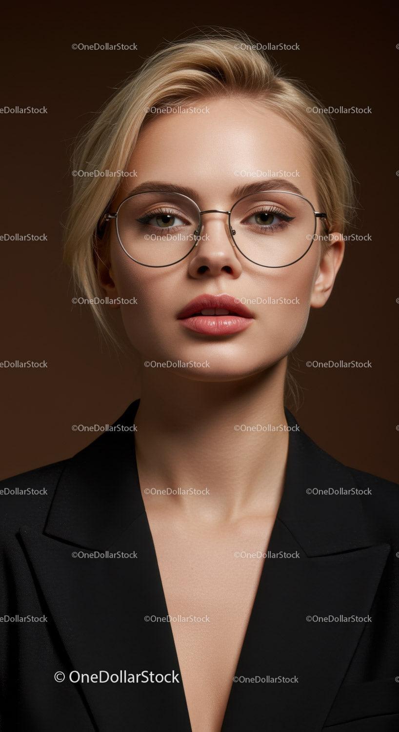 Elegant Woman with Blonde Hair and Stylish Glasses in a Professional Portrait