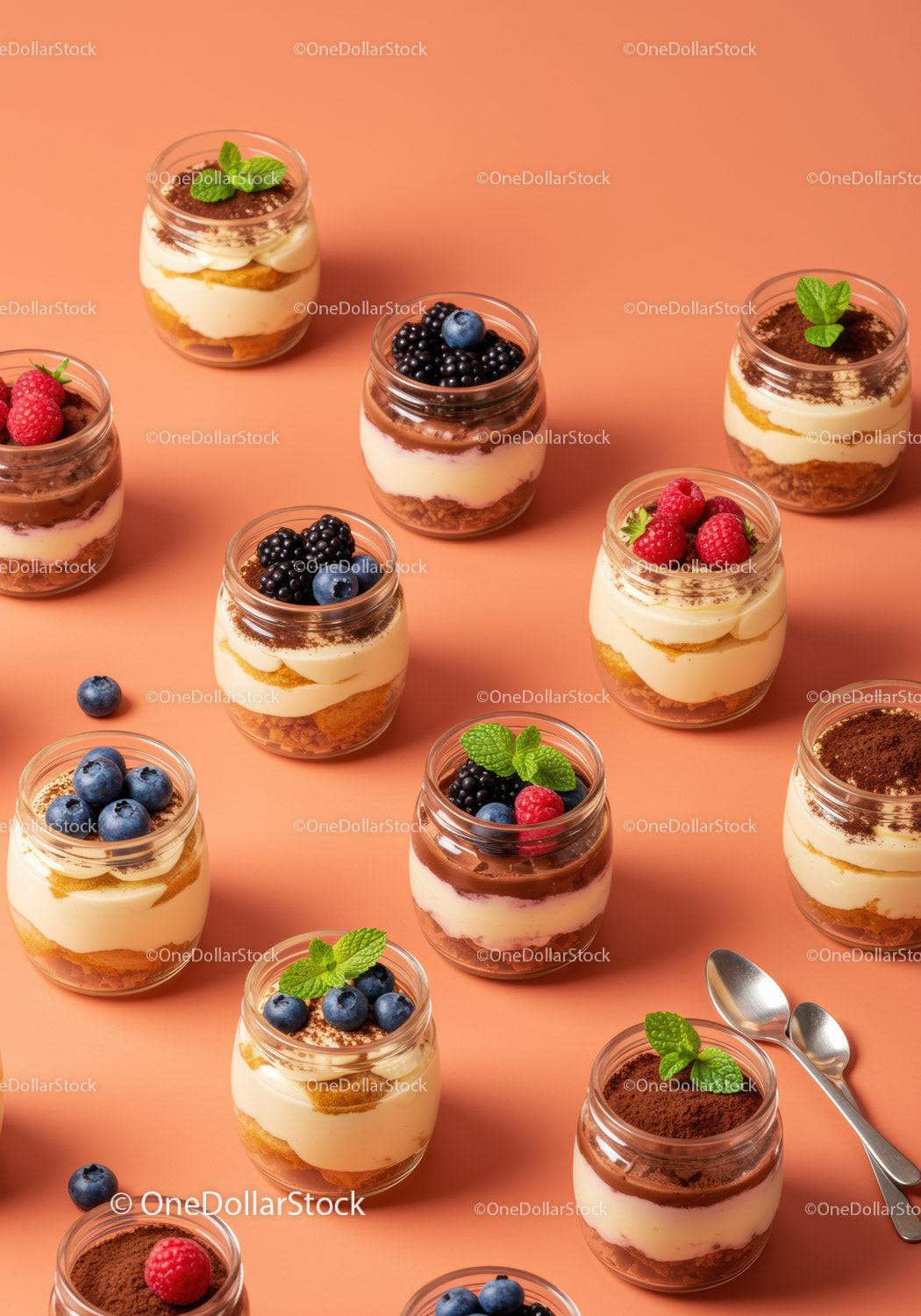 Assorted creamy desserts with fresh berries in glass jars