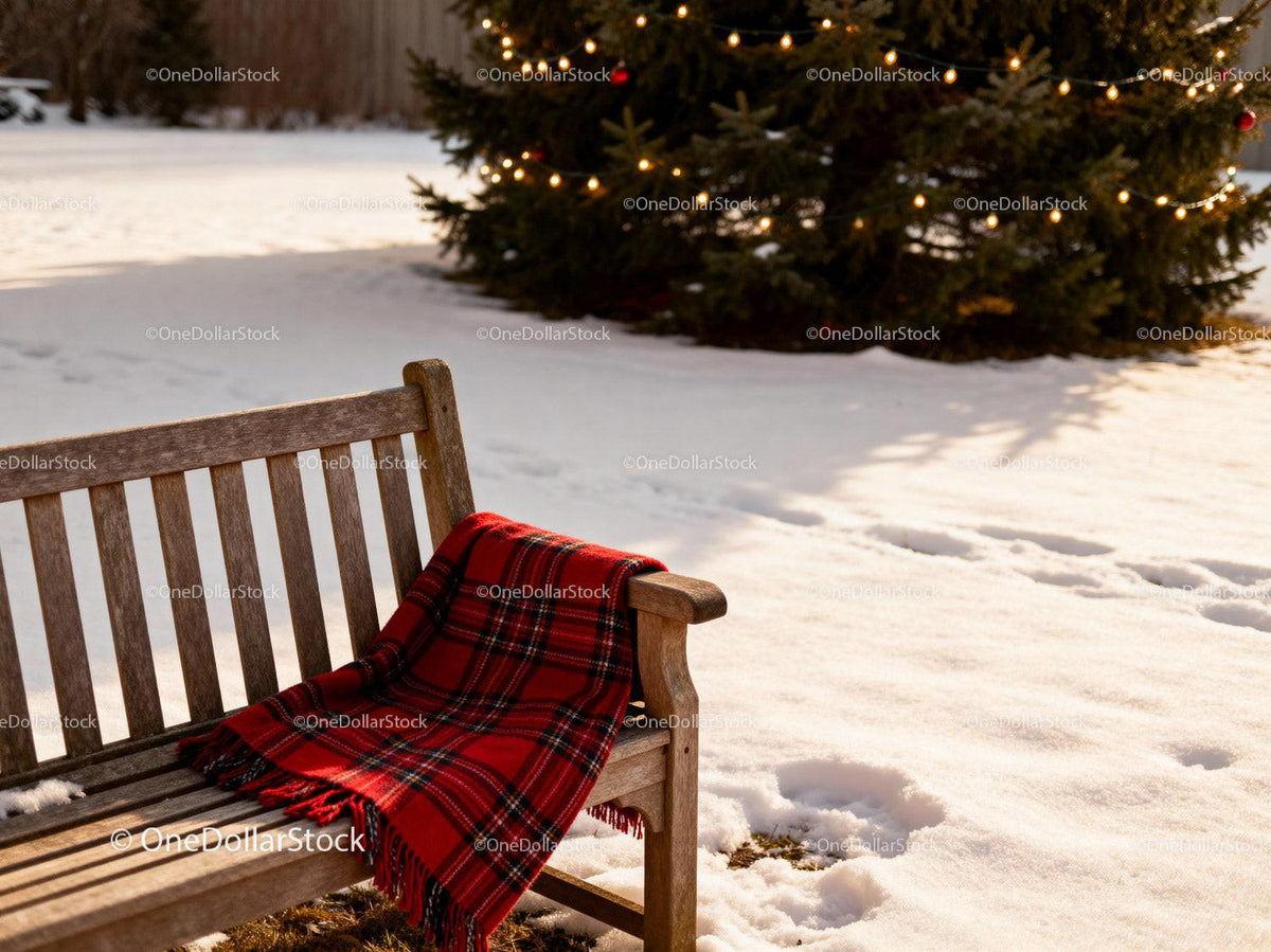Wooden bench with cozy red plaid blanket outdoors