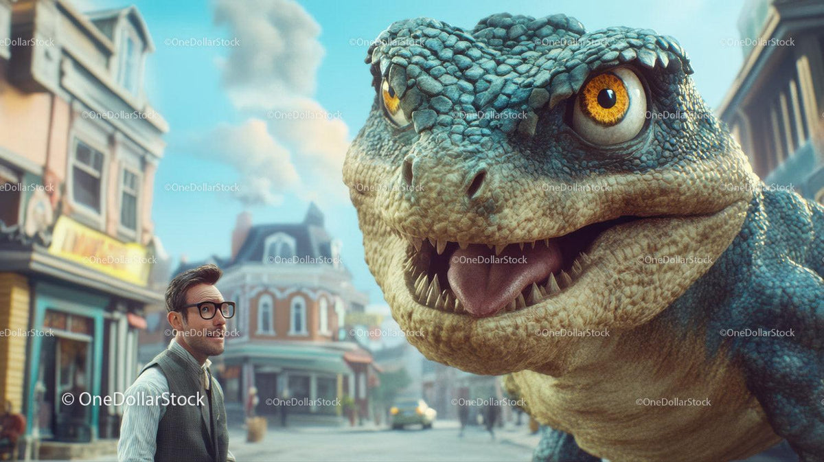 Man in glasses standing near large blue-gray scaled dinosaur head on town street