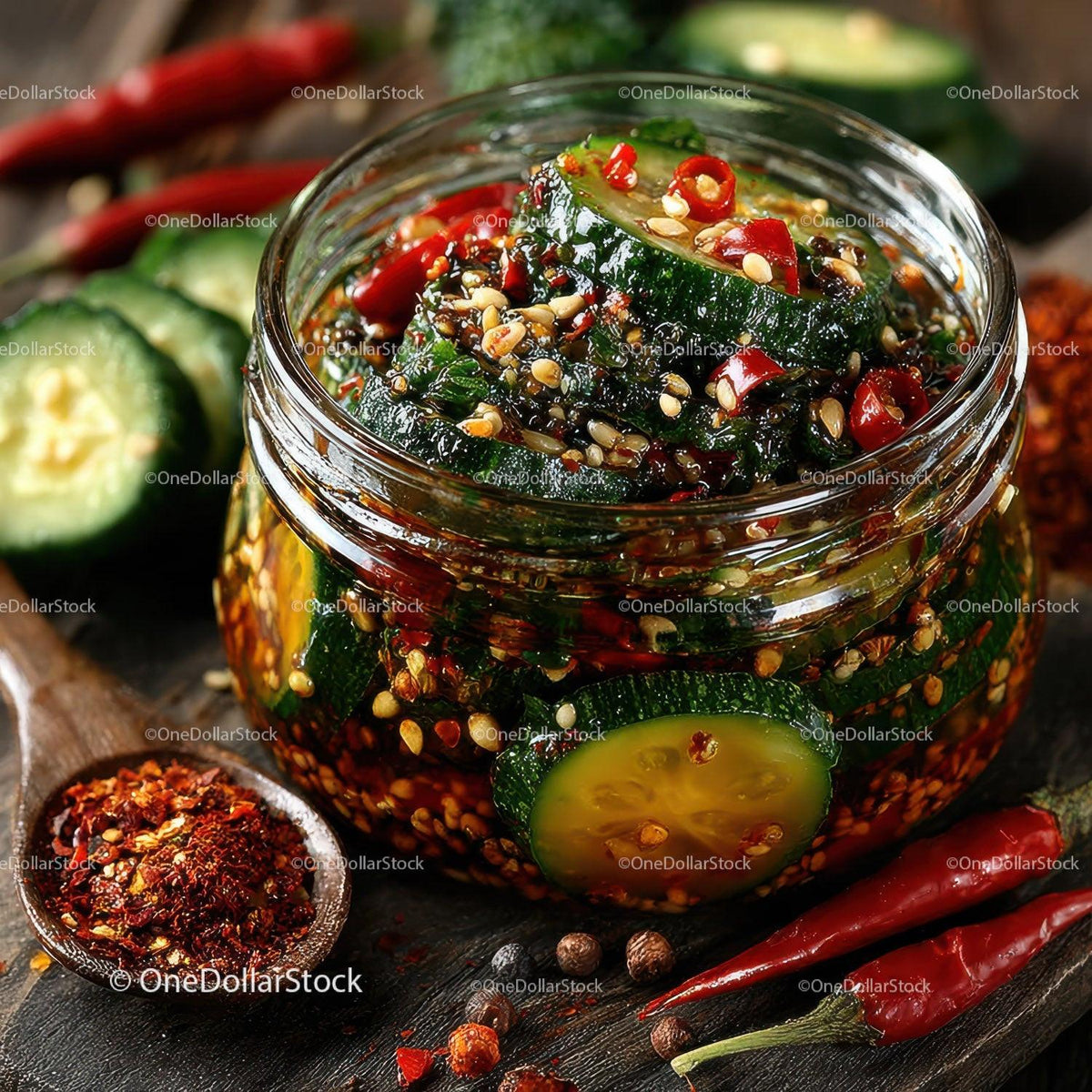 Vibrant Spicy Cucumber Kimchi in Glass Jar with Fresh Vegetables Stock Photo Bundle preview 26
