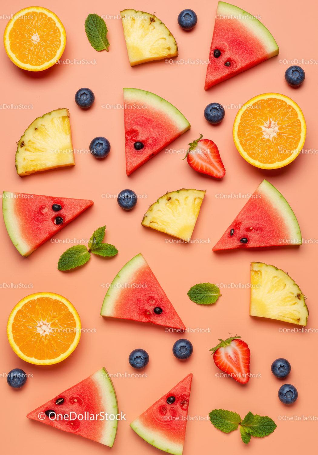 Fresh Summer Fruit Slices and Berries on Peach Background