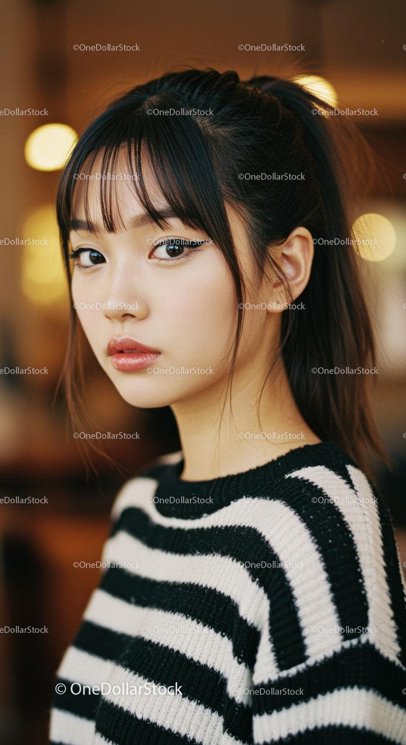 Portrait of Young Woman in Black and White Striped Sweater with Stylish Makeup