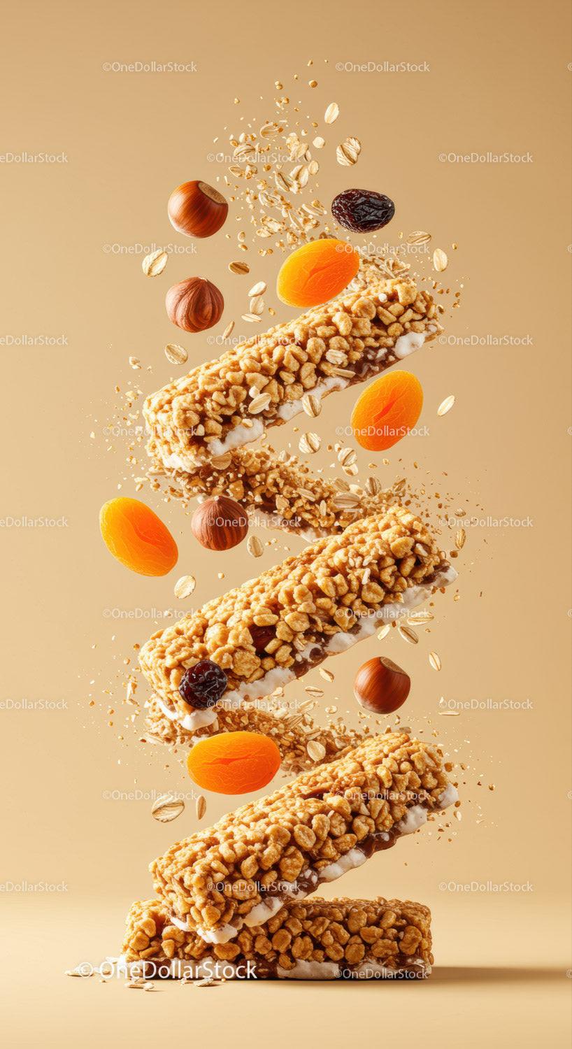 Healthy granola bars with nuts and dried fruit flying