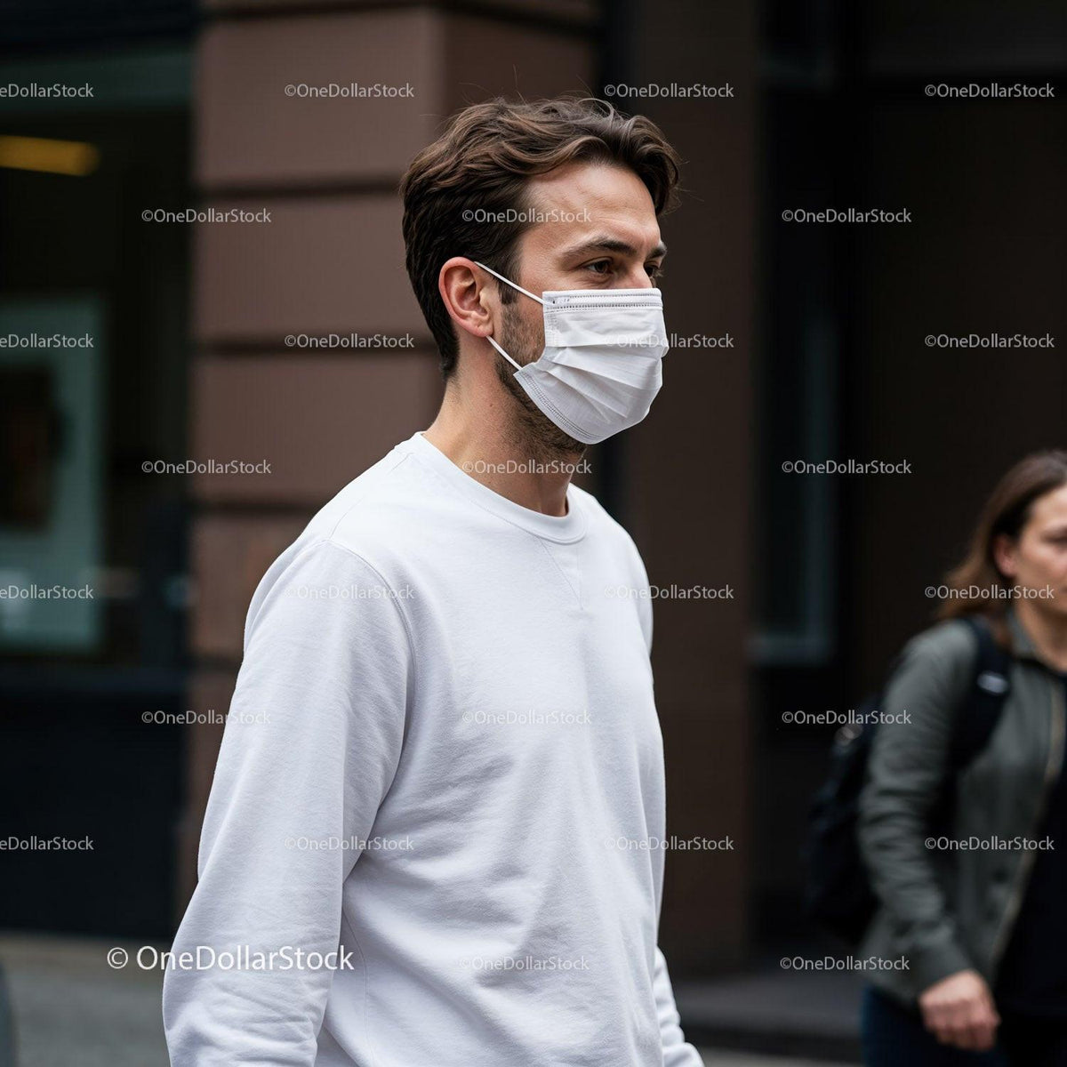 Young man wearing surgical mask walking on city street JPG Mockup Image preview