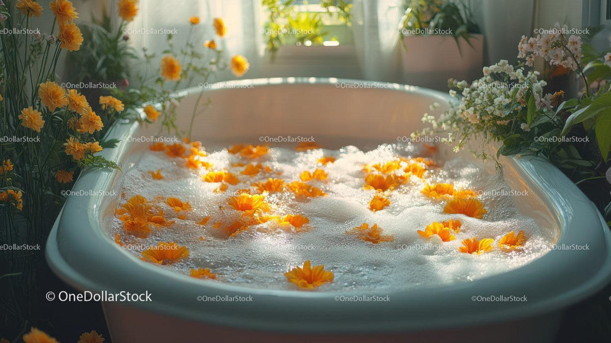 White bathtub with foam and orange flowers floating surrounded by plants and natural light