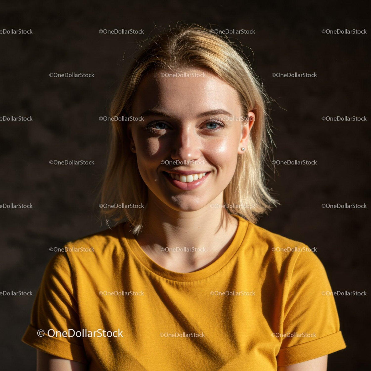 Bright Smiling Woman Wearing Yellow T-Shirt in Indoor Setting