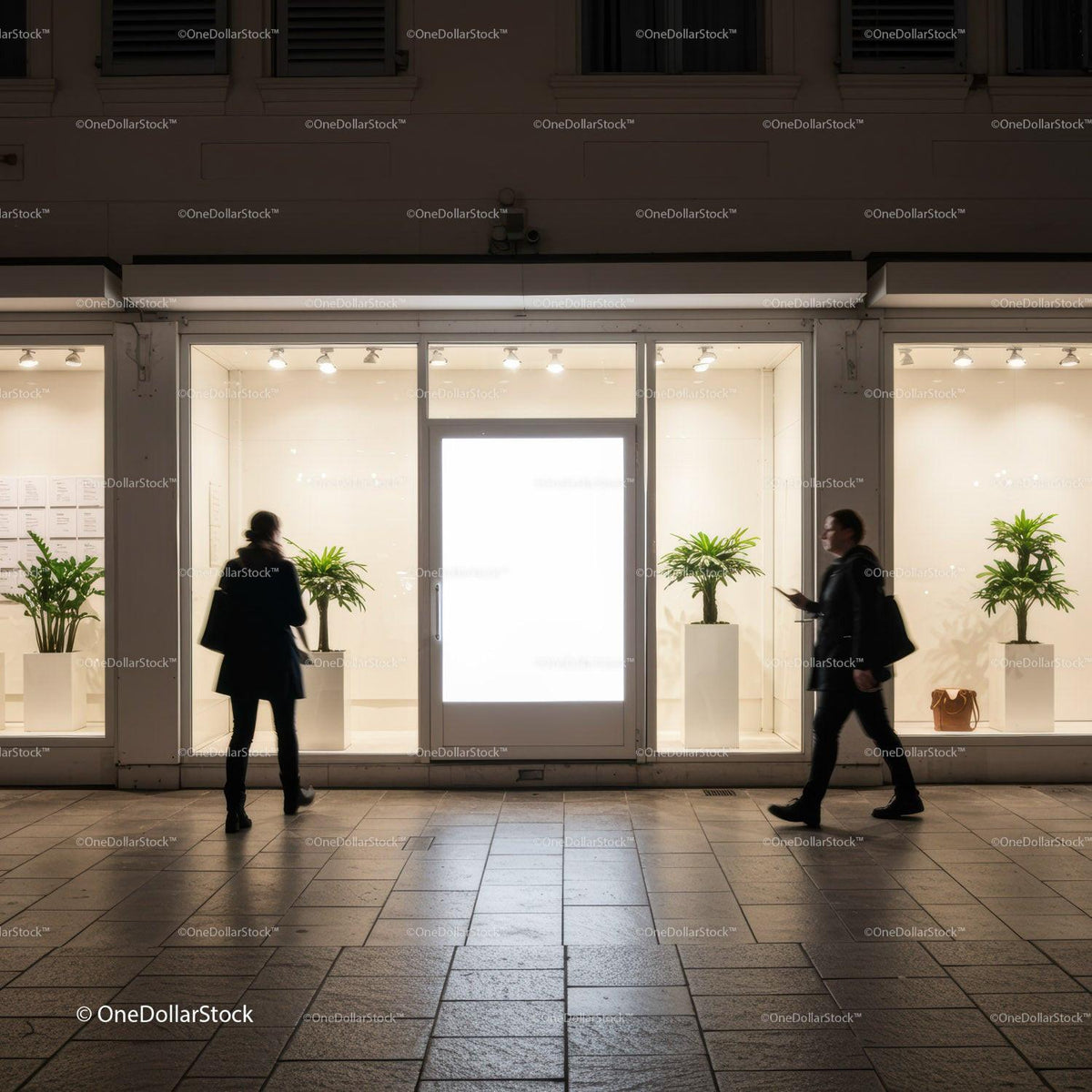 People passing by illuminated modern storefront at night JPG Mockup Image preview