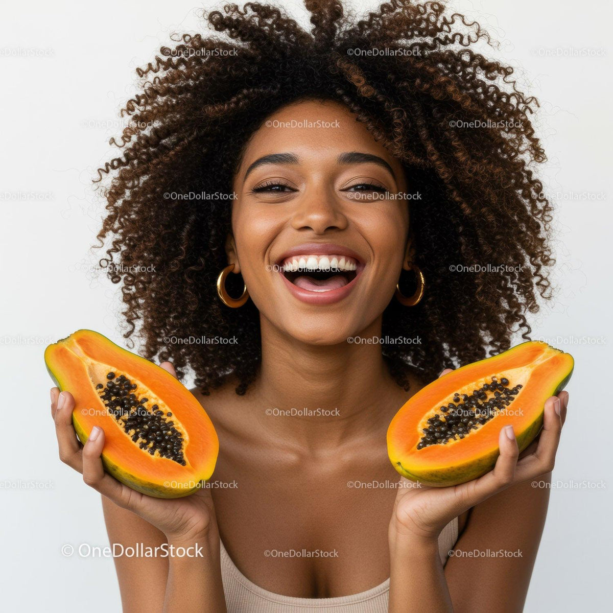 Joyful Woman With Sliced Papayas Showing Bright Summer Vibes