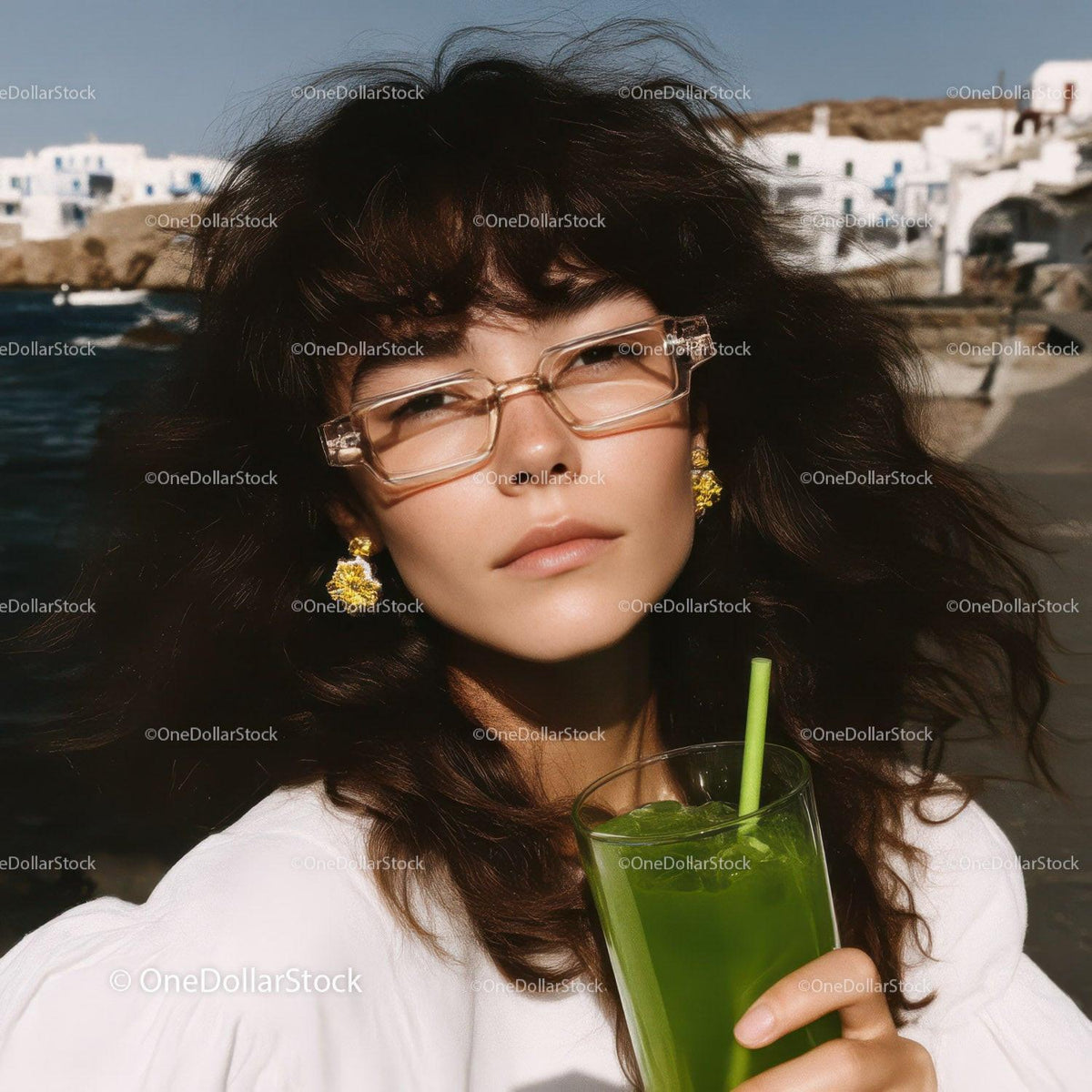 Stylish Woman Wearing Glasses with Green Cocktail by the Seaside