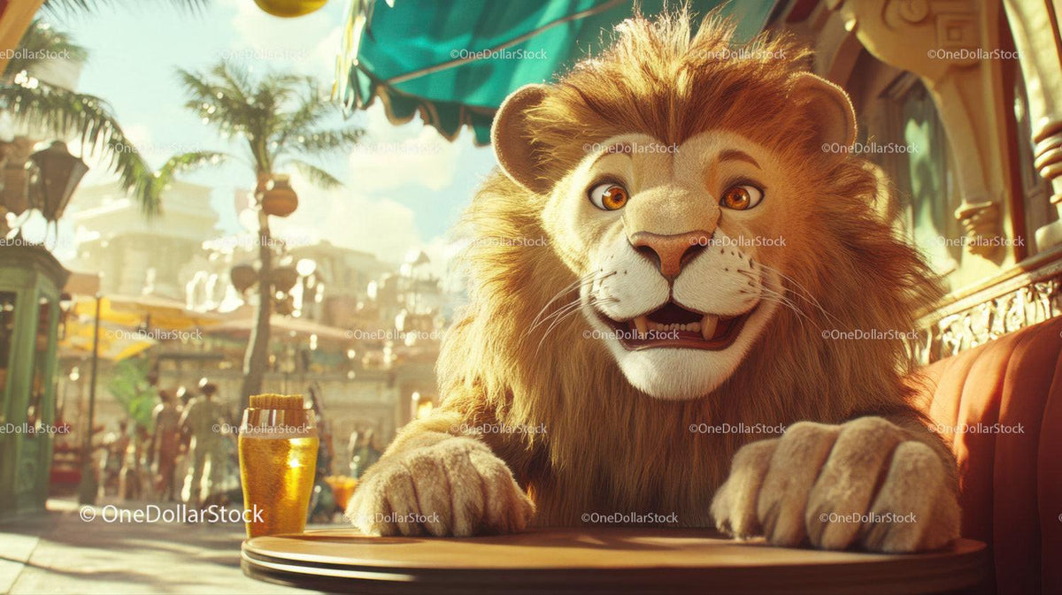 Smiling anthropomorphic lion with thick mane sitting at a round outdoor table in sunny setting