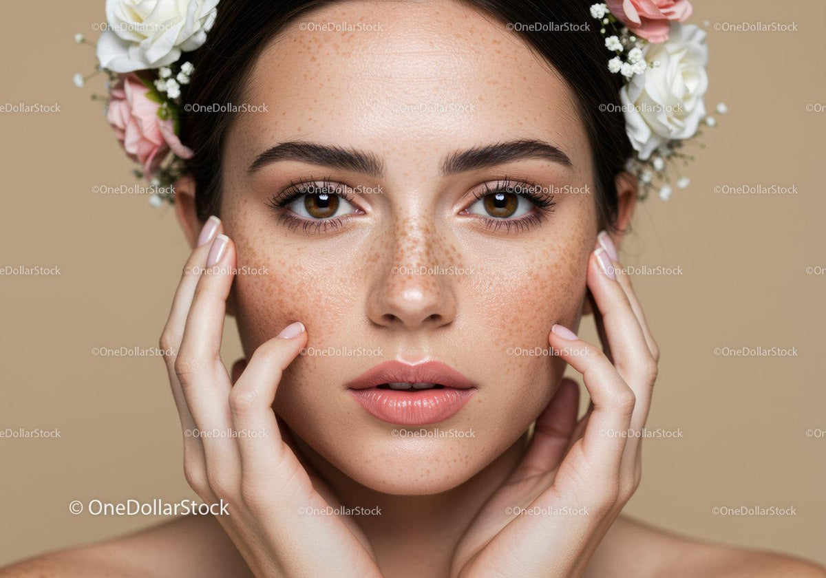 Beautiful Young Woman with Freckles and Floral Headband Portrait