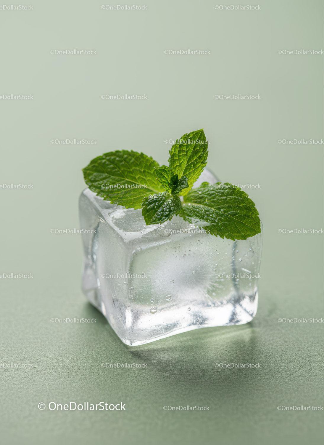 Fresh Mint Leaves on Clear Ice Cube Close Up
