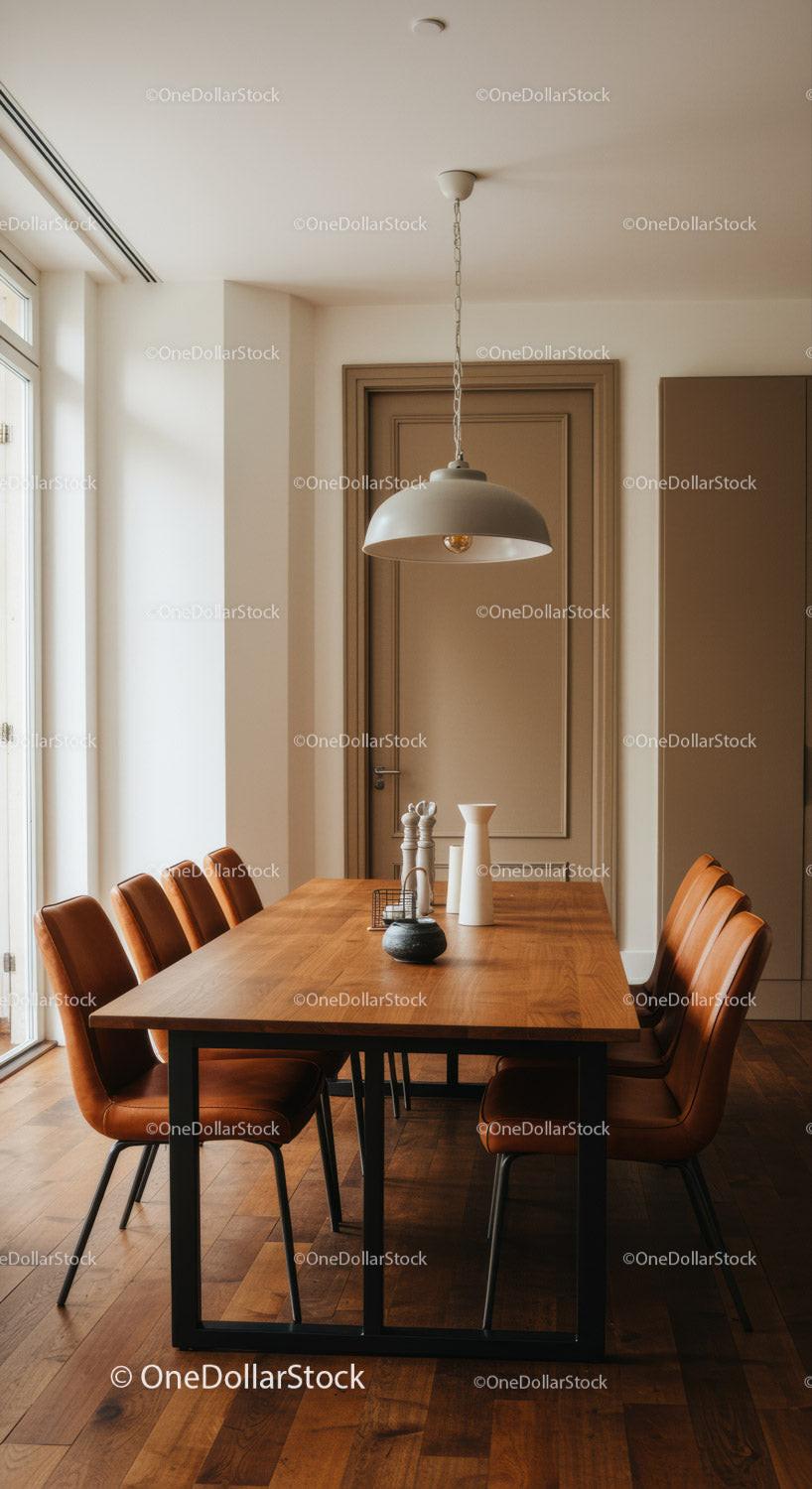 Elegant Modern Dining Room with Wooden Table and Leather Chairs