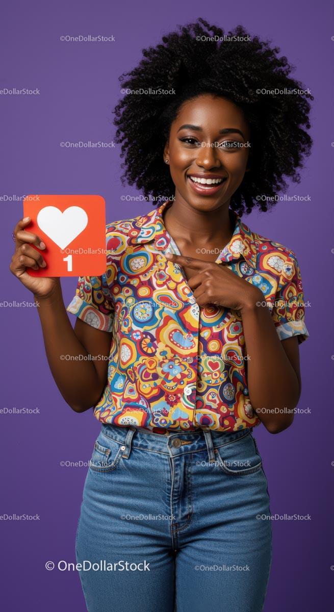 Smiling African American Woman in Colorful Shirt Holding Heart Icon