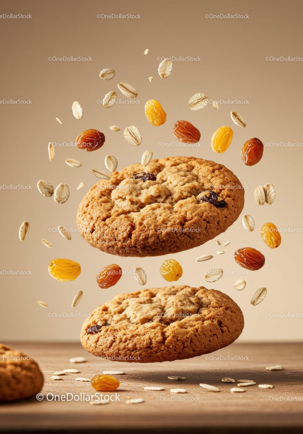 Raisin oatmeal cookies with flying oats and dried fruit
