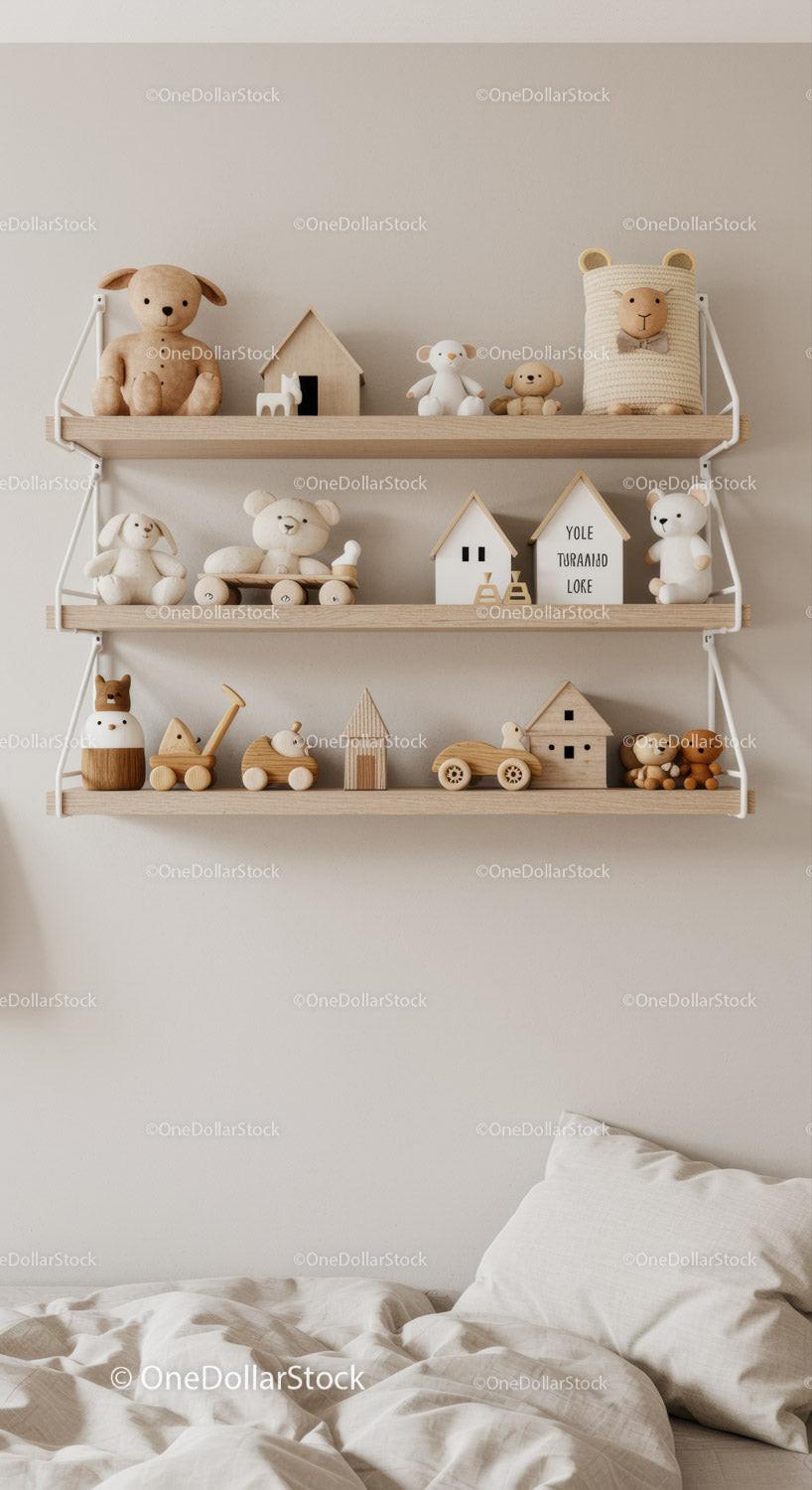 Wooden Nursery Shelf with Plush Toys and Toy Decor in Cozy Kids Room