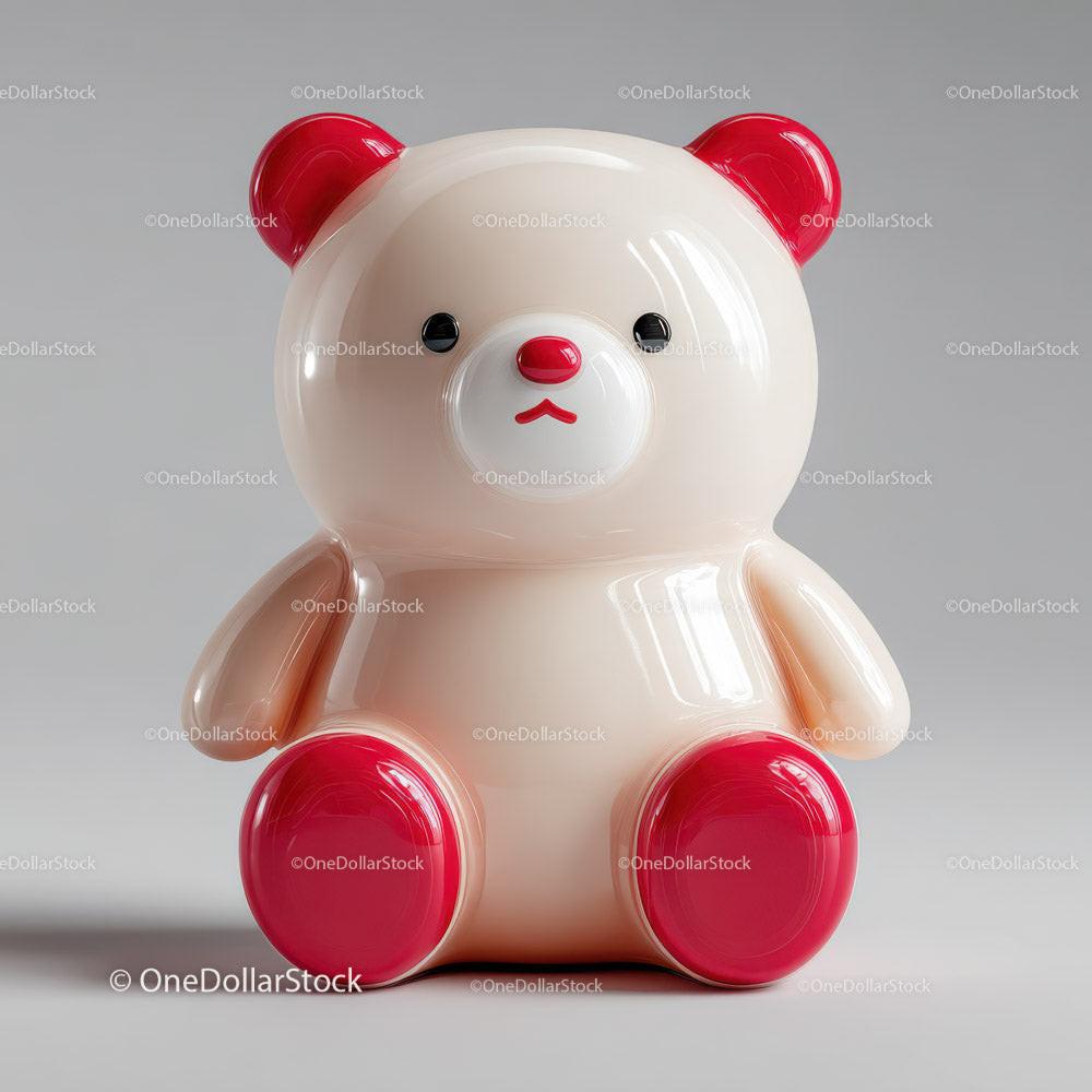 Glossy cream teddy bear figurine with red ears, paws, and nose on gray background