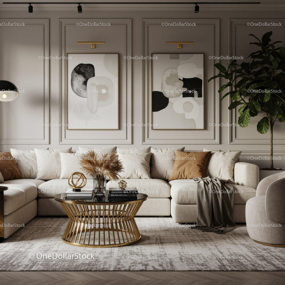 Elegant modern living room with beige sofa and gold accents
